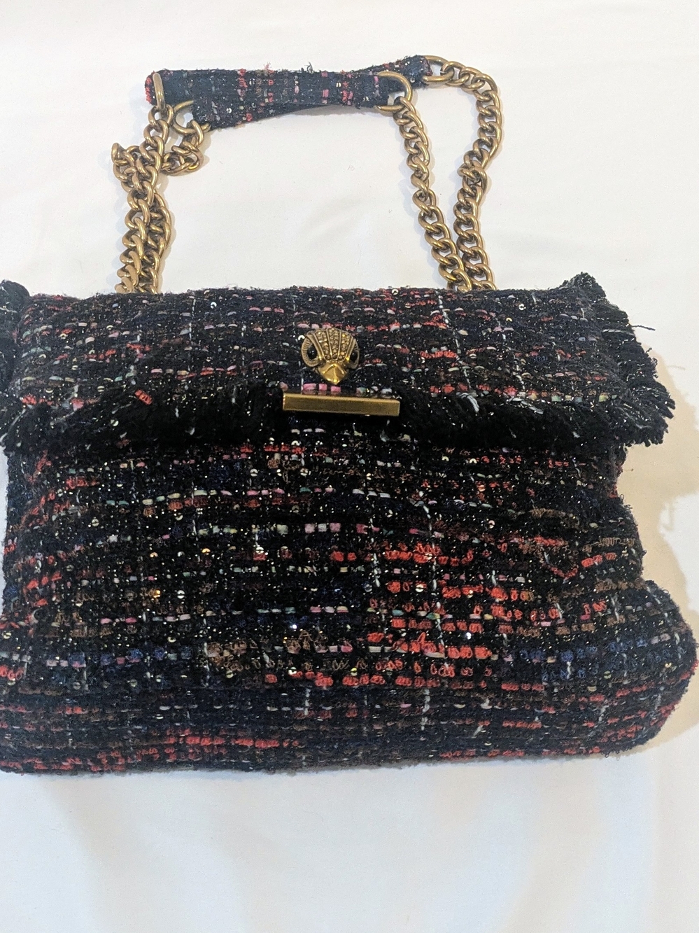 Kurt Geiger Black Tweed Chain-Handle Crossbody with Red Accents